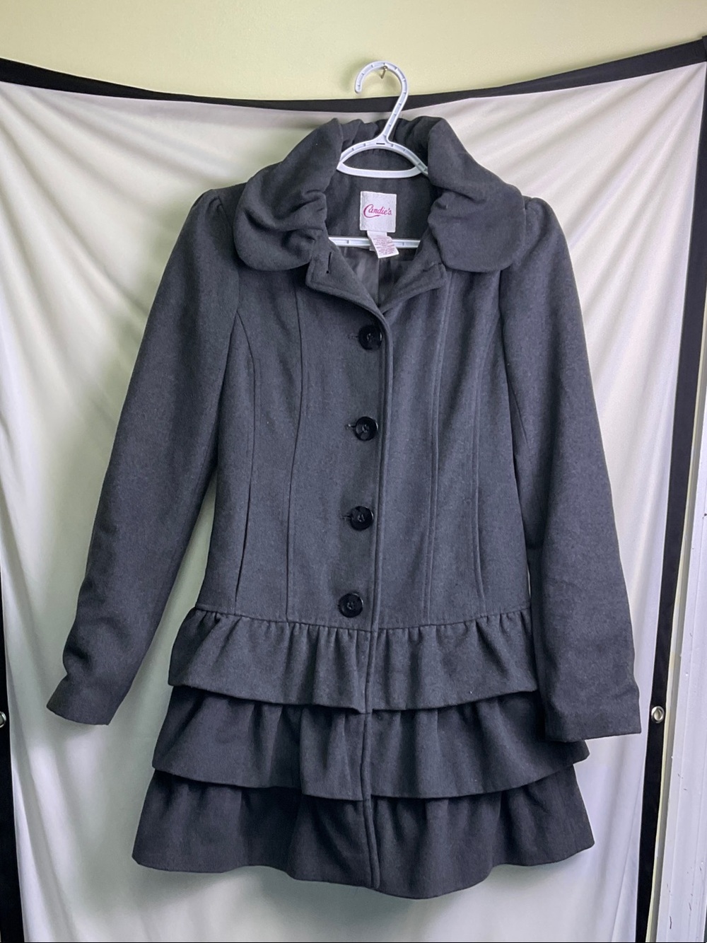 Candie's Dark Gray Ruffled Hem Pea Coat